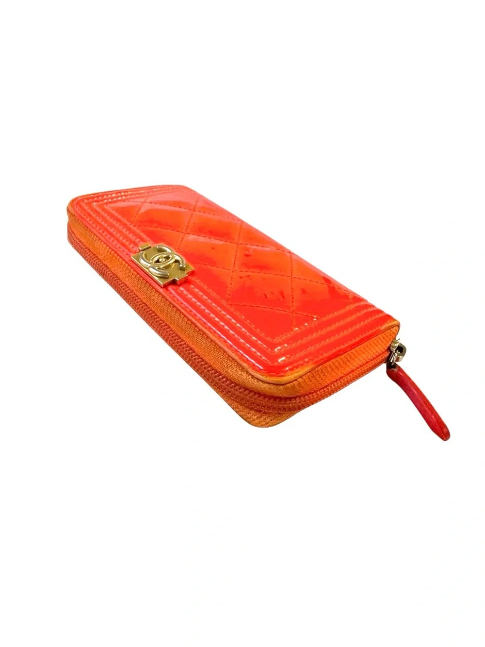 CHANEL Quilted Patent Zip Wallet in Bright Orange